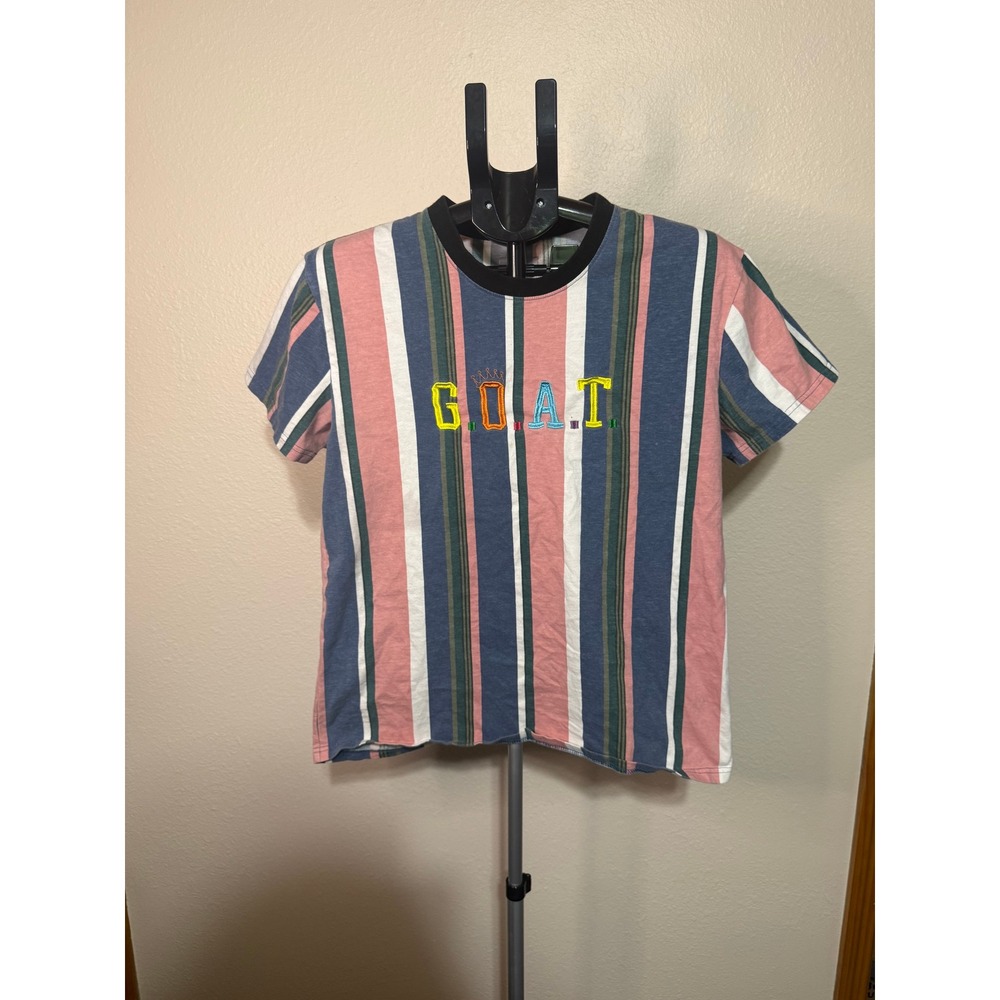 Rue21 GOAT Embroidered Striped T-Shirt Mens Large Pink Blue Vertical Stripes Tee